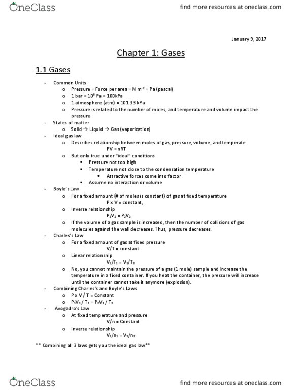 Chemistry 1302A/B Chapter Notes - Chapter 1: Ideal Gas Law, Ideal Gas, Inverse Relation thumbnail