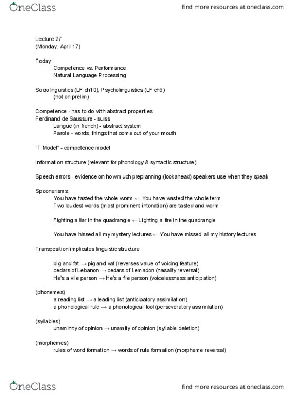 LING 1101 Lecture Notes - Lecture 27: Natural-Language Processing, Phonological Rule, Information Structure thumbnail