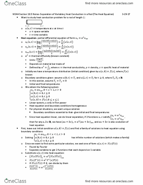 MATH-M 344 Chapter Notes - Chapter 10: Heat Equation, Partial Differential Equation, Thermal Conduction thumbnail