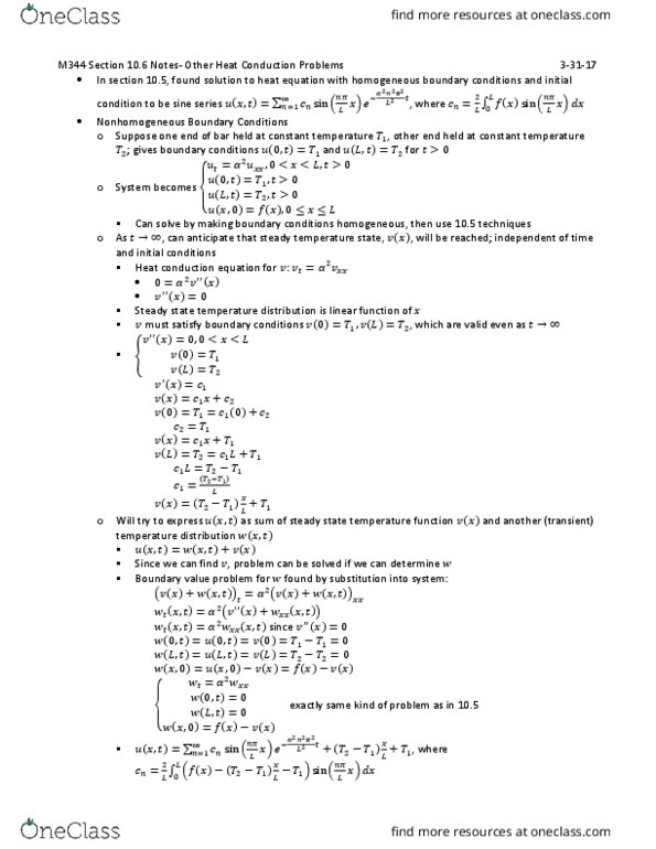 MATH-M 344 Chapter Notes - Chapter 10: Thermal Conduction, Heat Equation, If And Only If thumbnail