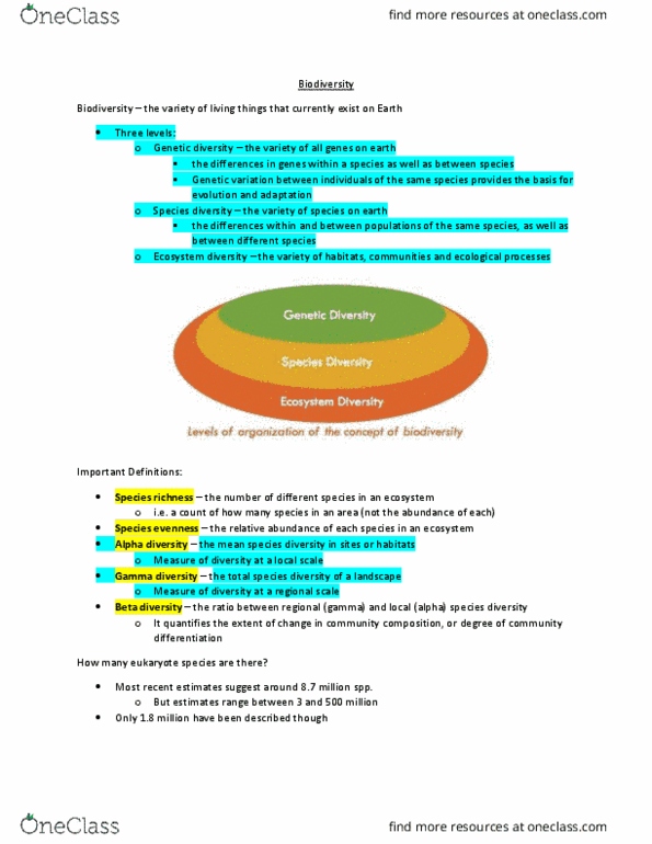 BIOL 3500 Lecture Notes - Lecture 3: Gamma Diversity, Ecosystem Diversity, Alpha Diversity thumbnail