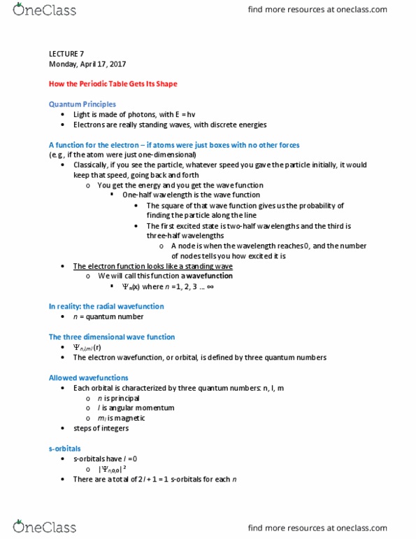 CHEM H90 Lecture Notes - Lecture 7: Standing Wave, Spin Quantum Number, Spectrum thumbnail