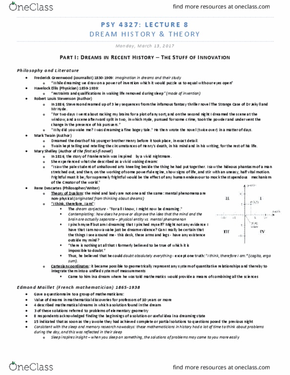 PSY 4327 Lecture Notes - Lecture 8: Lucid Dream, Dmitri Mendeleev, Robert Louis Stevenson thumbnail