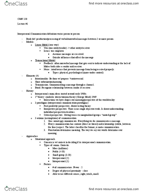 CMN 120 Lecture Notes - Lecture 1: Interpersonal Communication, Meta-Communication, Symbolic Interactionism thumbnail