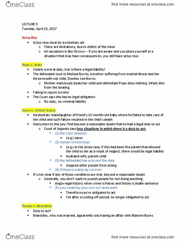 CRM/LAW C144 Lecture Notes - Lecture 5: Mens Rea, Lee Norris, Actus Reus thumbnail