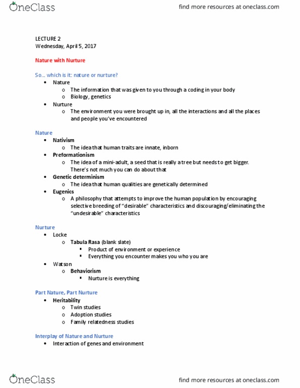 EDUC 107 Lecture Notes - Lecture 2: Tabula Rasa, Preformationism, Biological Determinism thumbnail