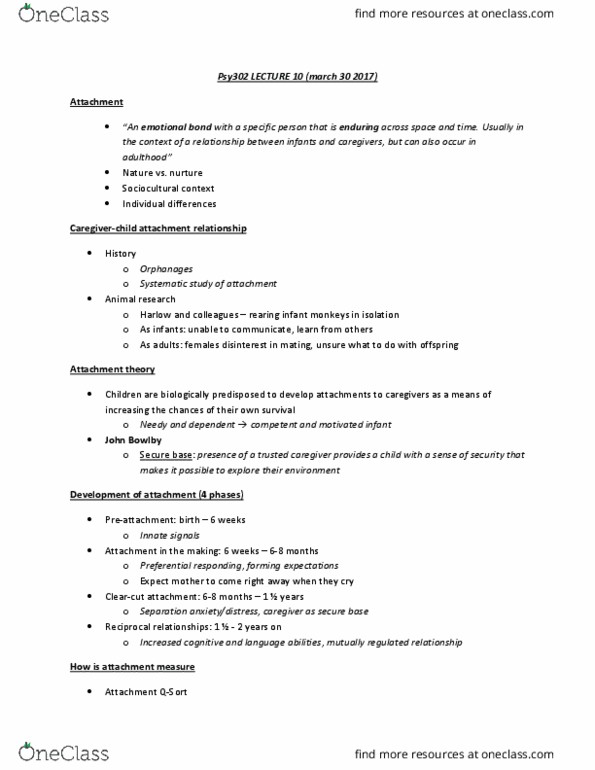 PSY 302 Lecture Notes - Lecture 10: John Bowlby, Attachment In Adults, Attachment Theory thumbnail