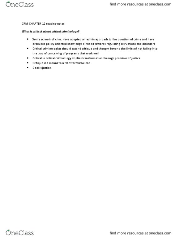 CRM 102 Chapter Notes - Chapter 12: Critical Criminology thumbnail