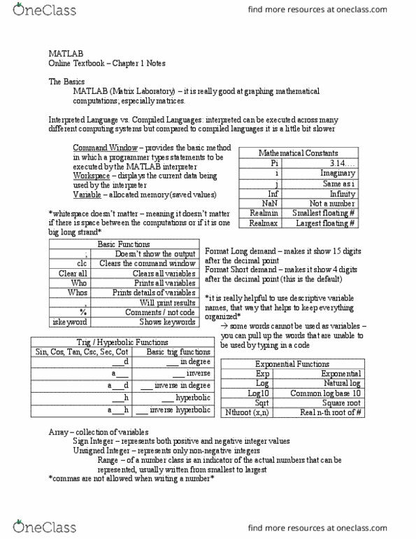 ENGR 102 Chapter Notes - Chapter 1: Nth Root, Matlab, Decimal Mark thumbnail