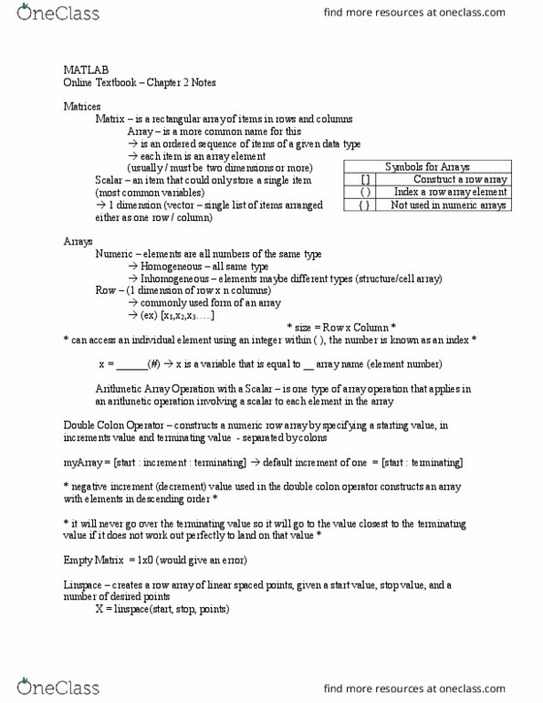 ENGR 102 Chapter Notes - Chapter 2: Array Data Structure, Matrix Multiplication, Matlab thumbnail