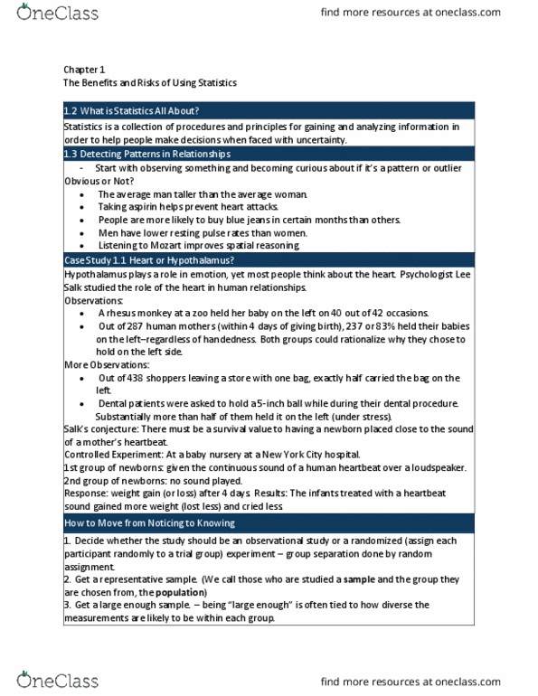 Statistical Sciences 1023A/B Chapter Notes - Chapter 1: Random Assignment, Randomized Experiment, Aspirin thumbnail