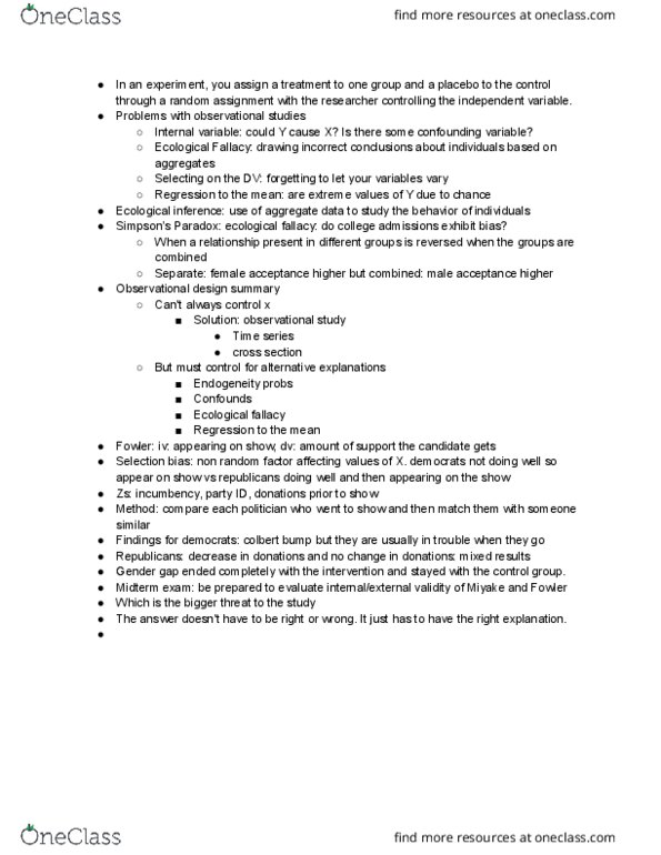 POL 51 Lecture Notes - Lecture 4: Ecological Fallacy, Confounding, Random Assignment thumbnail