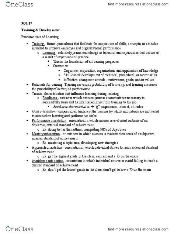 PSYC 361 Lecture Notes - Lecture 14: Goal Orientation, Internal Standard, Job Performance thumbnail