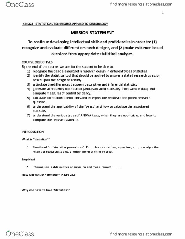 KIN222 Lecture Notes - Lecture 1: Statistical Inference, Analysis Of Variance, Frequency Distribution thumbnail