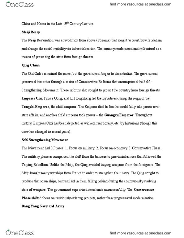 HIST 80b Lecture Notes - Lecture 11: Guangxu Emperor, Li Hongzhang, Meiji Restoration thumbnail