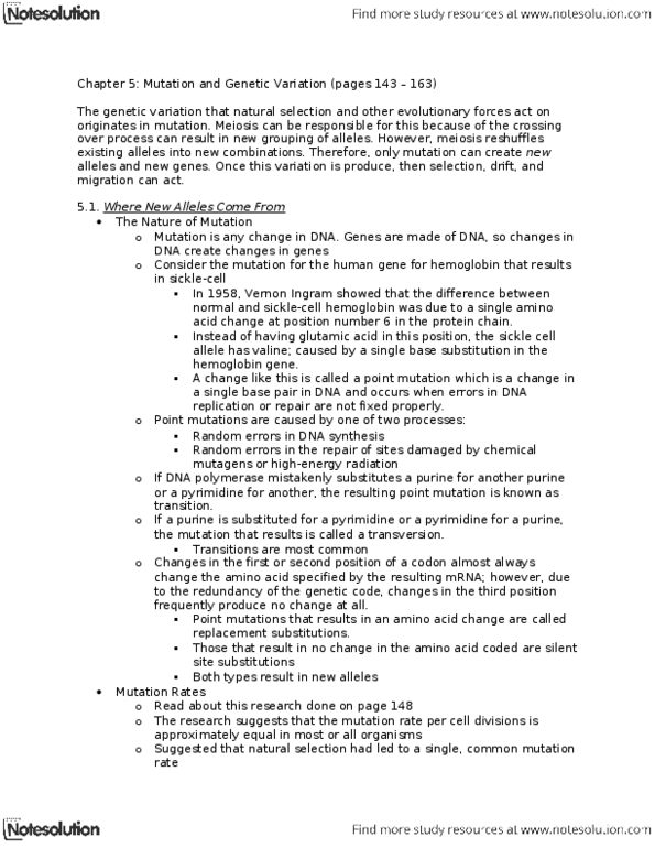 BIO342H5 Chapter Notes - Chapter 5: Hemoglobin, Intron, Speciation thumbnail