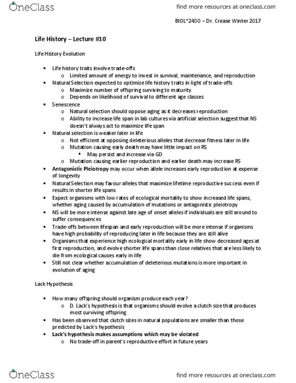 BIOL 2400 Lecture Notes - Lecture 10: Antagonistic Pleiotropy Hypothesis, Pleiotropy, Selective Breeding thumbnail