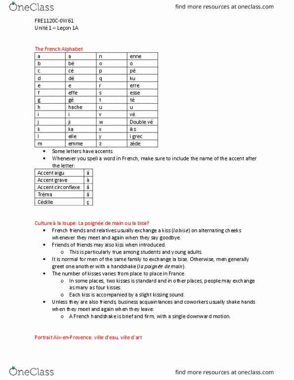 FRE 1120C Chapter Notes - Chapter 1: La Loupe, Bise, French Orthography thumbnail