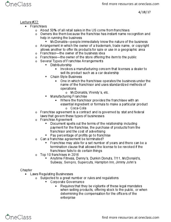 LGLS 1101 Lecture Notes - Lecture 22: Franchise Agreement, Anytime Fitness, Supercuts thumbnail