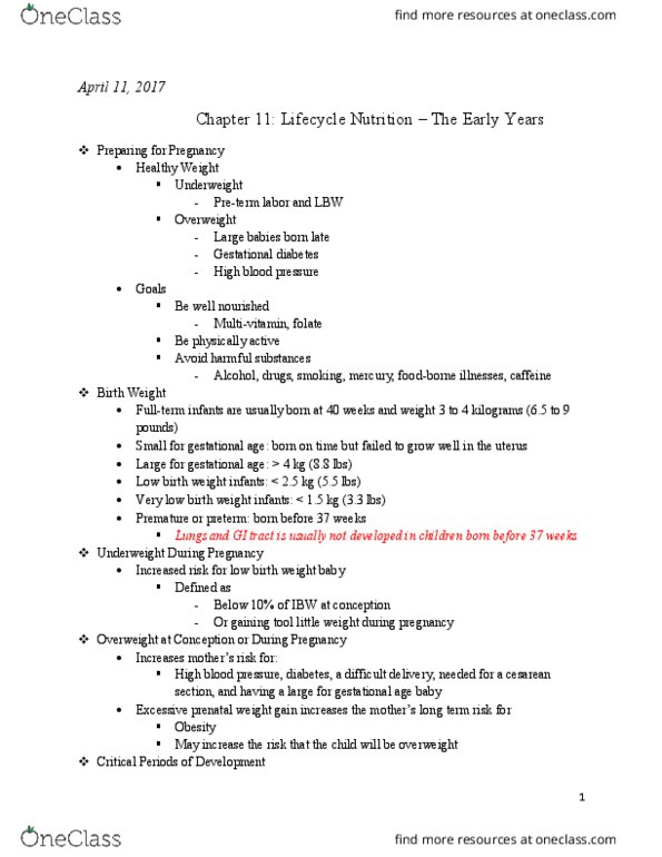 HUN 2201 Lecture Notes - Lecture 27: Low Birth Weight, Gestational Diabetes, Hypertension thumbnail