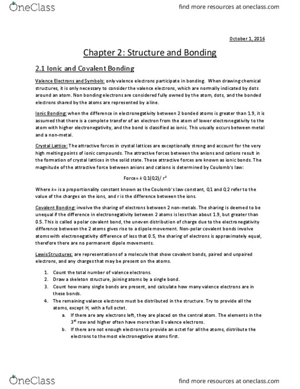 Chemistry 1301A/B Chapter Notes - Chapter 2: Chemical Polarity, Unpaired Electron, Electronegativity thumbnail