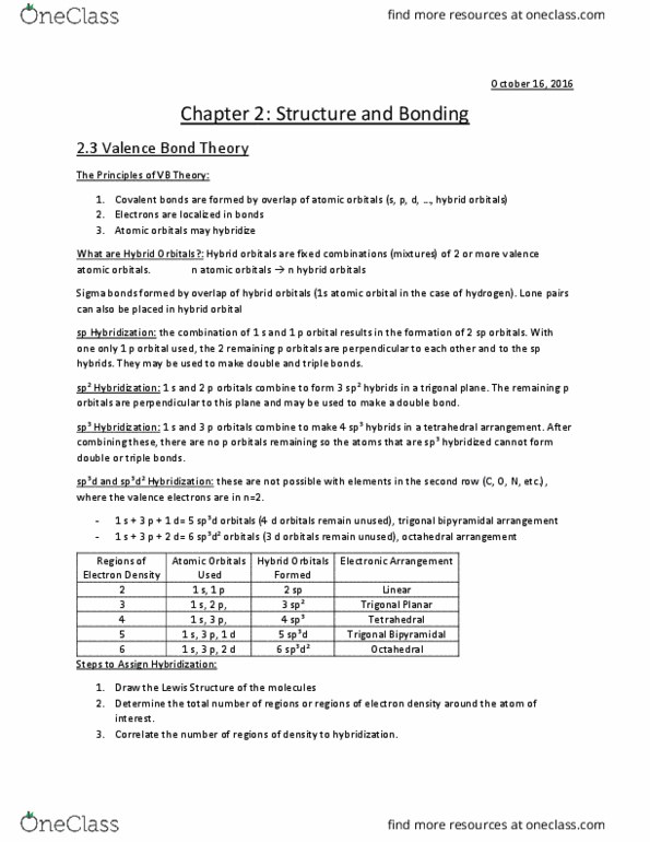 Chemistry 1301A/B Chapter Notes - Chapter 2: Trigonal Bipyramidal Molecular Geometry, Valence Bond Theory, Orbital Hybridisation thumbnail
