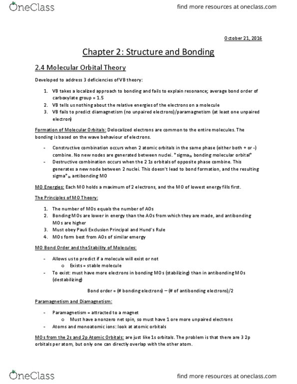 Chemistry 1301A/B Chapter Notes - Chapter 2: Unpaired Electron, Paramagnetism, Antibonding Molecular Orbital thumbnail