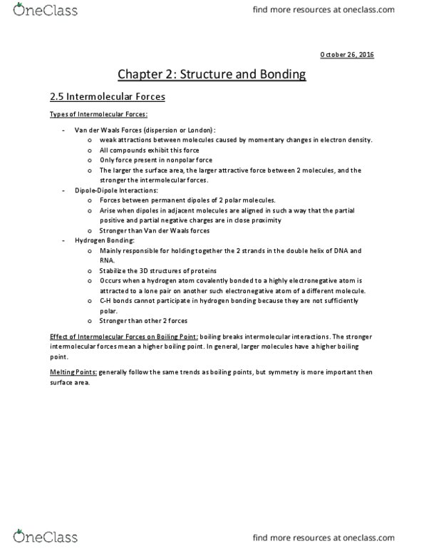 Chemistry 1301A/B Chapter Notes - Chapter 2: Van Der Waals Force, Intermolecular Force, Boiling Point thumbnail