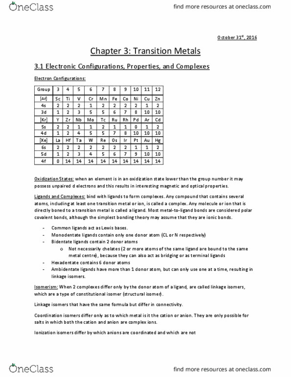 Chemistry 1301A/B Chapter Notes - Chapter 3: Coordination Complex, Transition Metal, Structural Isomer thumbnail