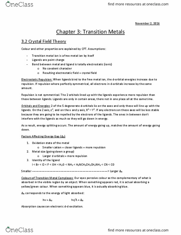 Chemistry 1301A/B Chapter Notes - Chapter 3: Crystal Field Theory, Transition Metal, Covalent Bond thumbnail
