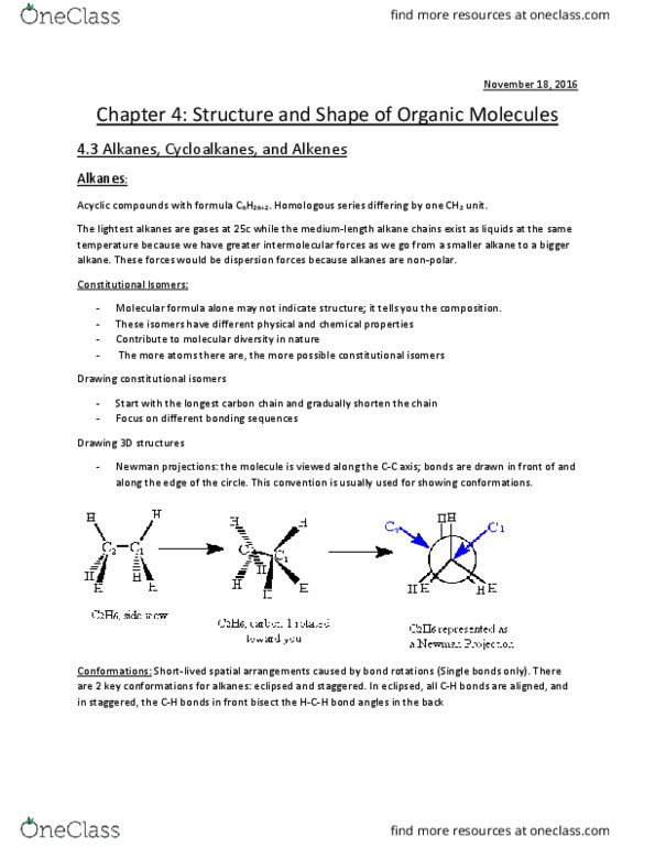 Chemistry 1301A/B Chapter Notes - Chapter 4: Staggered Conformation, Eclipsed Conformation, Homologous Series thumbnail
