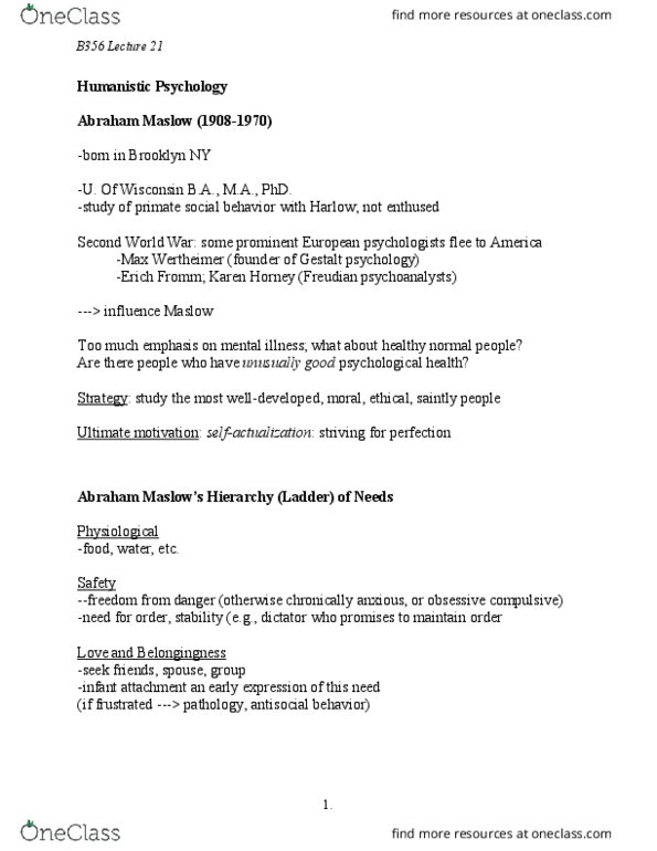 PSY-B - Psychology PSY-B 311 Lecture Notes - Lecture 21: Erich Fromm, Karen Horney, Abraham Maslow thumbnail