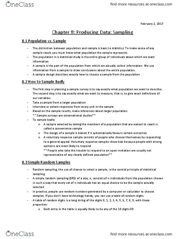 Statistical Sciences 1024A/B Chapter Notes - Chapter 8: Simple Random Sample, 5,6,7,8, Convenience Sampling thumbnail