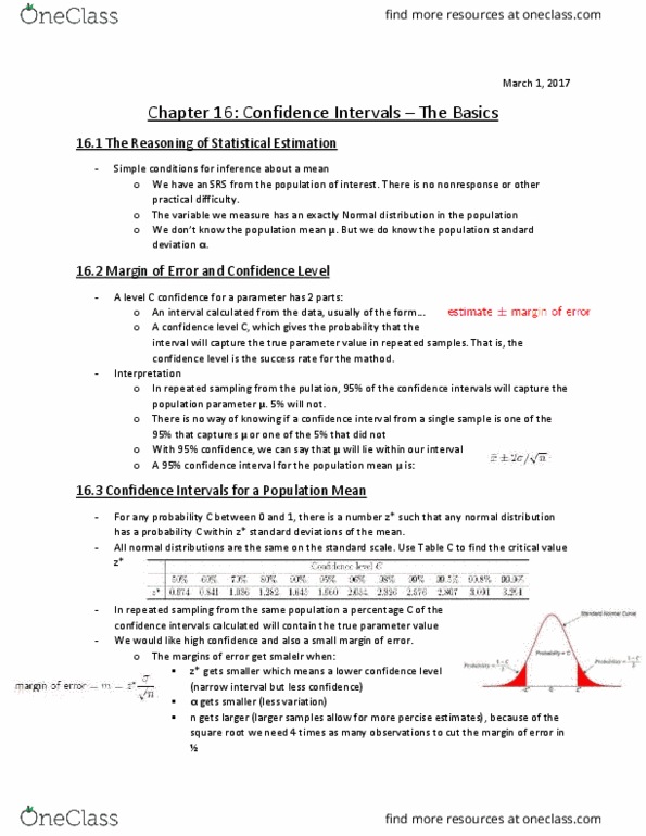 Statistical Sciences 1024A/B Chapter Notes - Chapter 16: Confidence Interval, Statistical Parameter, Standard Scale thumbnail