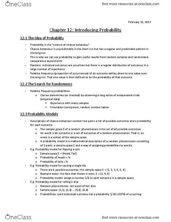 Statistical Sciences 1024A/B Chapter Notes - Chapter 12: Sample Space, Randomness, Random Variable thumbnail