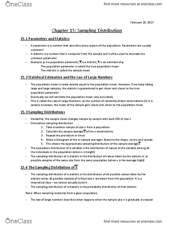 Statistical Sciences 1024A/B Chapter Notes - Chapter 15: Sampling Distribution, Statistical Parameter, Simple Random Sample thumbnail