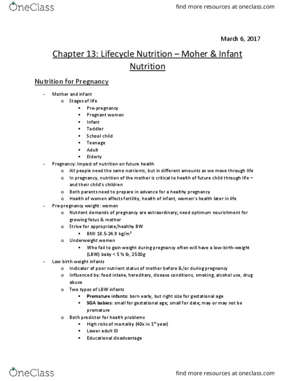 Foods and Nutrition 1021 Chapter Notes - Chapter 13: Low Birth Weight, Baby Food, Leg Before Wicket thumbnail