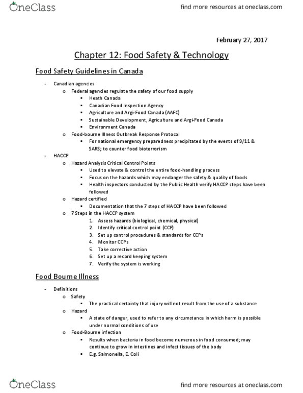 Foods and Nutrition 1021 Chapter Notes - Chapter 12: Hazard Analysis And Critical Control Points, Canadian Food Inspection Agency, Environment And Climate Change Canada thumbnail