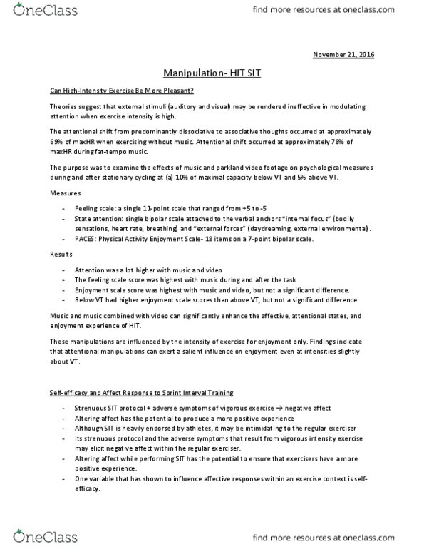 Kinesiology 1070A/B Lecture Notes - Lecture 15: Attentional Shift, Exercise Intensity, Interval Training thumbnail