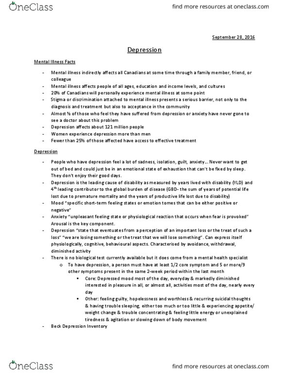 Kinesiology 1070A/B Lecture Notes - Lecture 5: Beck Depression Inventory, Baud, Depressant thumbnail