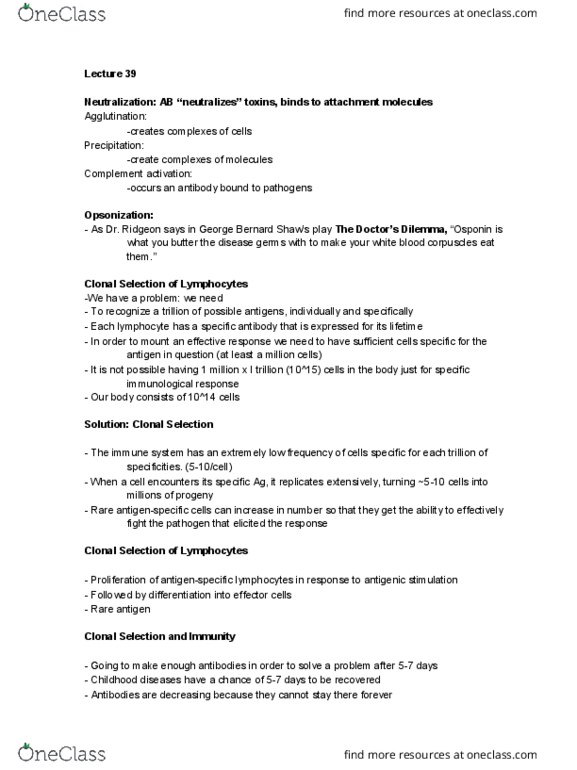 NATS 1670 Lecture Notes - Lecture 39: Clonal Selection, Complement System, Antigen thumbnail