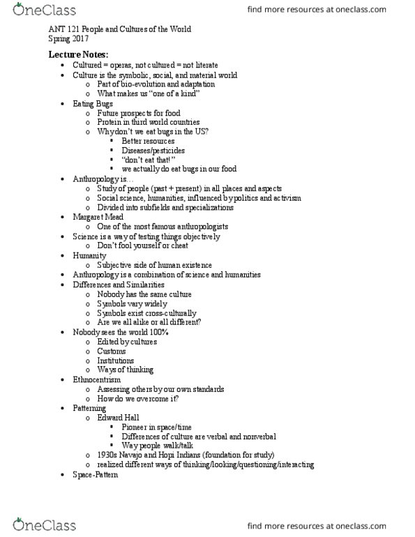 ANT 121 Lecture Notes - Lecture 1: Cultural Economics, Darfur Peace Agreement, Ethnocentrism thumbnail