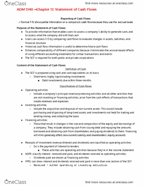 ADM 1340 Chapter Notes - Chapter 13: Cash Flow, Current Asset, Current Liability thumbnail