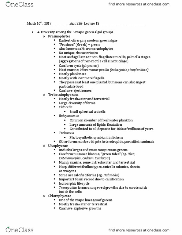 BIOL 336 Lecture Notes - Lecture 18: Green Algae, Micromonas, Ulvophyceae thumbnail