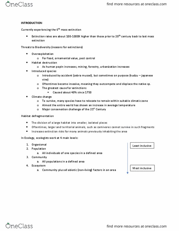 BIOL 3170 Lecture Notes - Lecture 1: Habitat Destruction, Defragmentation, Introduced Species thumbnail