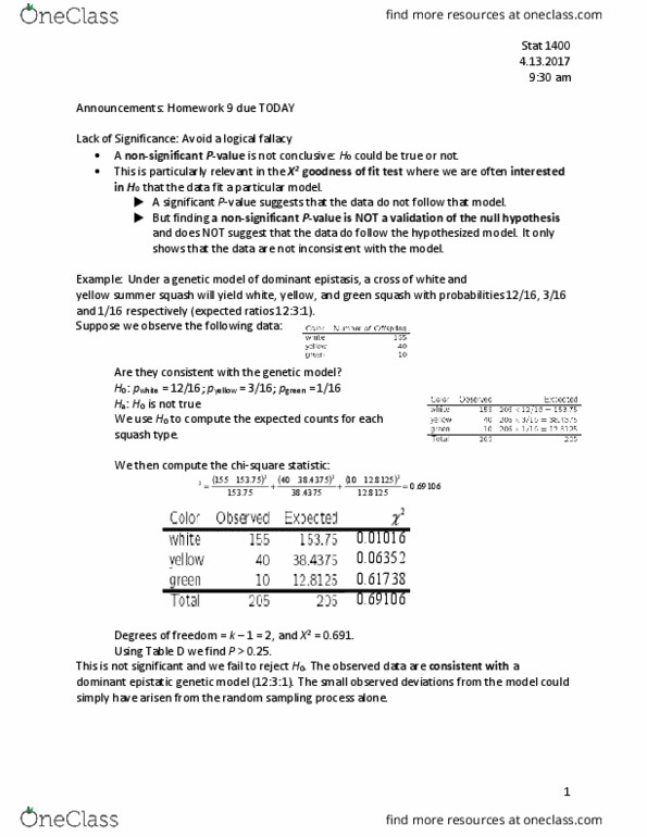 STAT 1400 Lecture Notes - Lecture 14: Null Hypothesis, Epistasis thumbnail