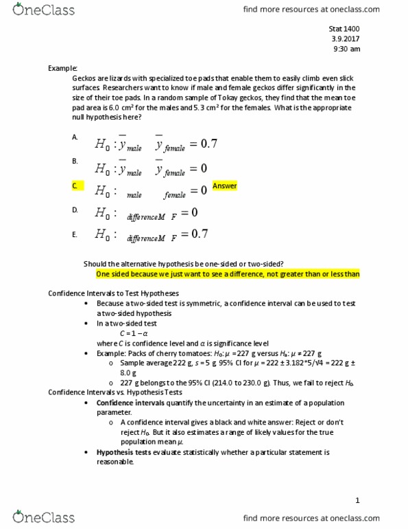 STAT 1400 Lecture Notes - Lecture 7: Type I And Type Ii Errors, Null Hypothesis, Confidence Interval thumbnail