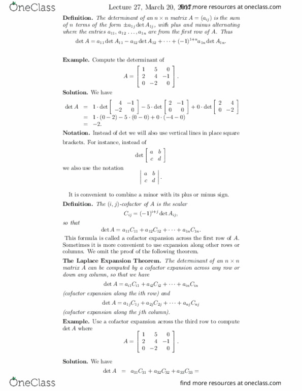 MATH125 Lecture Notes - Lecture 27: Laplace Expansion, Main Diagonal, Triangular Matrix thumbnail