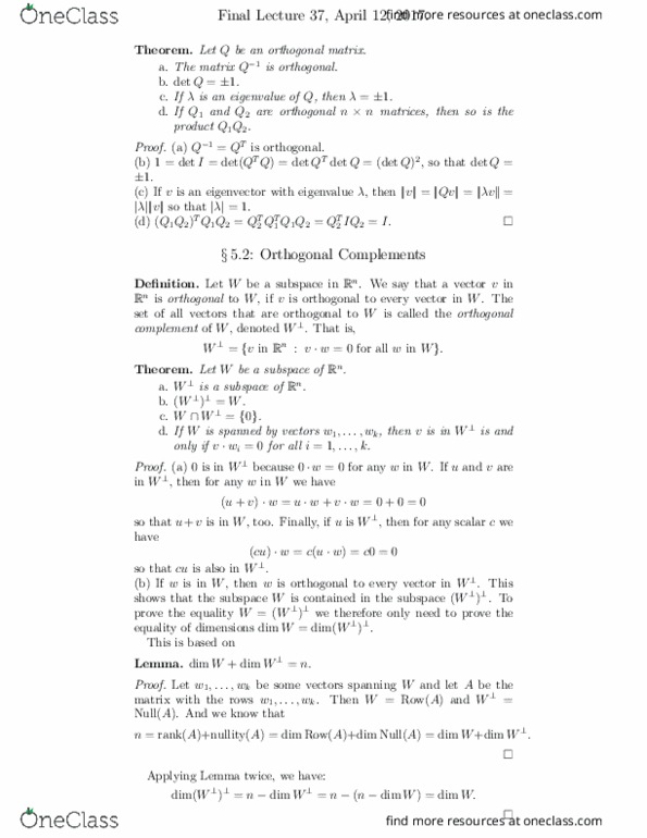 MATH125 Lecture Notes - Lecture 37: Orthogonal Complement, Orthogonal Matrix thumbnail