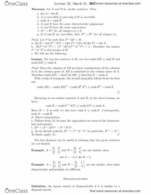 MATH125 Lecture Notes - Lecture 32: Diagonalizable Matrix, Invertible Matrix thumbnail